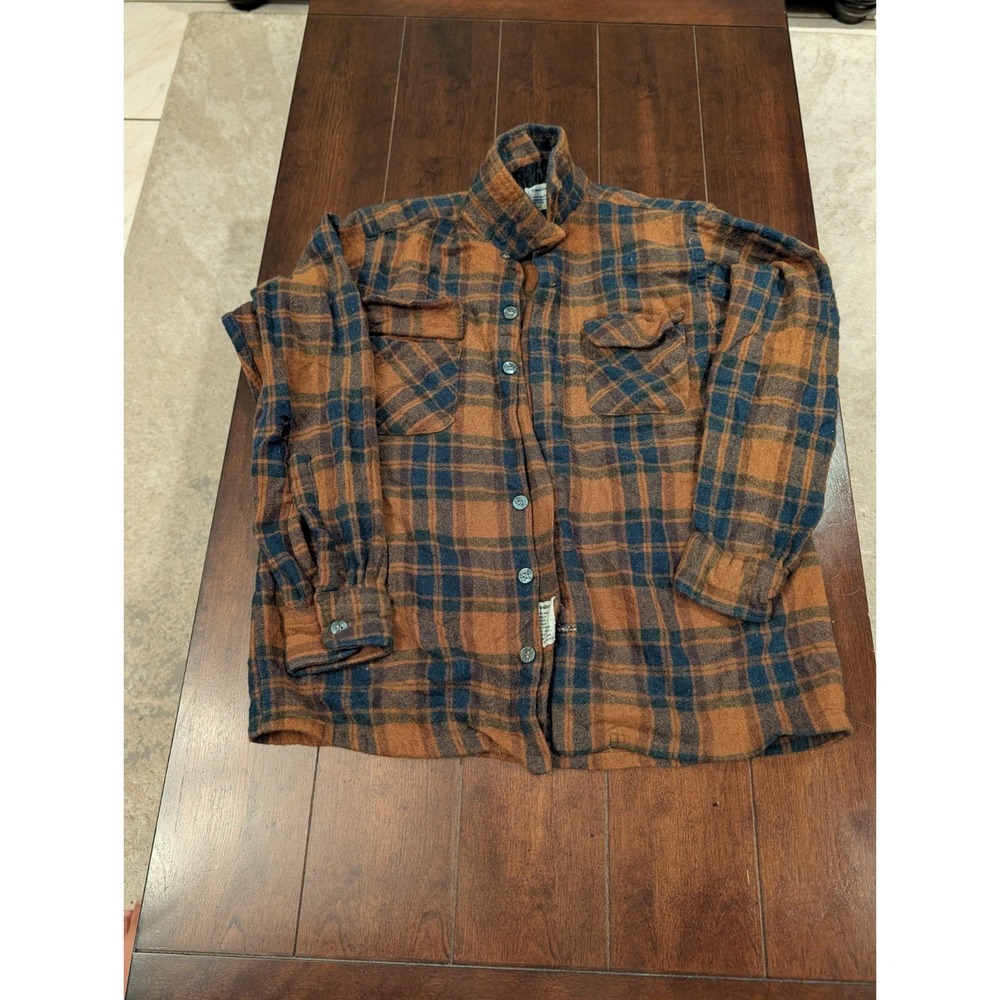 Vintage Towncraft Plaid Wool Shirt L Chest Blue Brown Flap Pockets Chore Barn